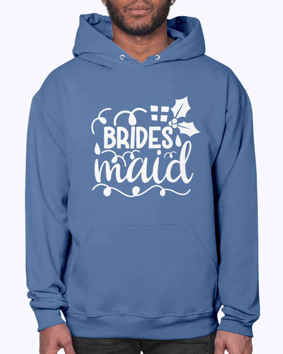 Bridesmaid hoodie featuring a unisex design, front pouch pocket, and soft fleece material, perfect for bridal parties and weddings.