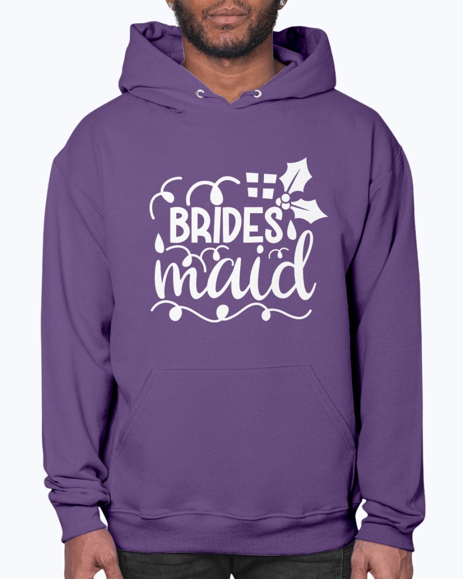 Bridesmaid hoodie featuring a unisex design, front pouch pocket, and soft fleece material, perfect for bridal parties and weddings.