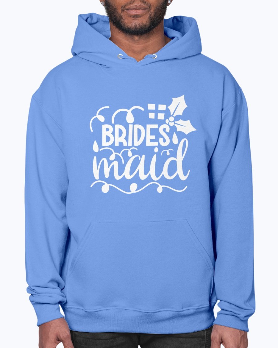 Bridesmaid hoodie featuring a unisex design, front pouch pocket, and soft fleece material, perfect for bridal parties and weddings.