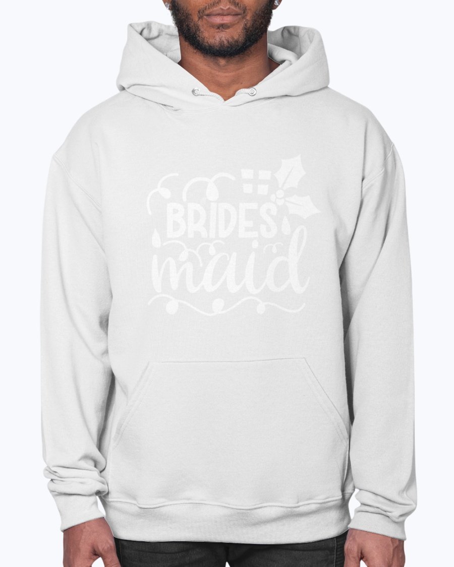 Bridesmaid hoodie featuring a unisex design, front pouch pocket, and soft fleece material, perfect for bridal parties and weddings.