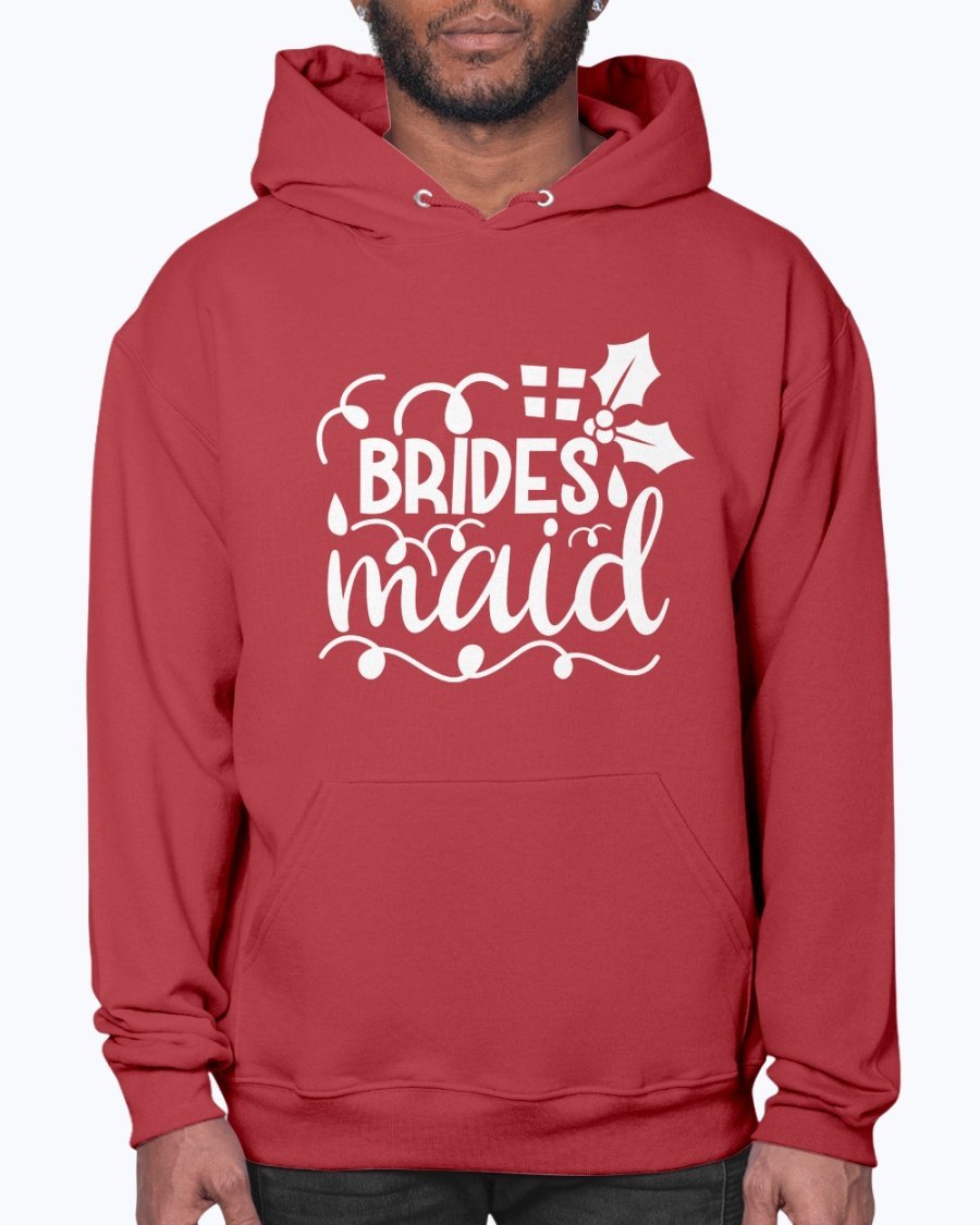 Bridesmaid hoodie featuring a unisex design, front pouch pocket, and soft fleece material, perfect for bridal parties and weddings.