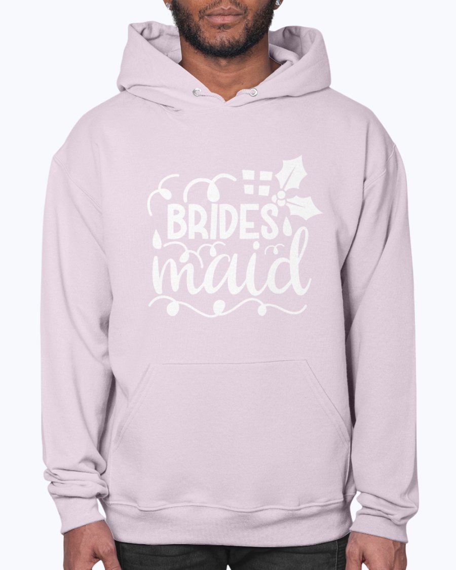 Bridesmaid hoodie featuring a unisex design, front pouch pocket, and soft fleece material, perfect for bridal parties and weddings.