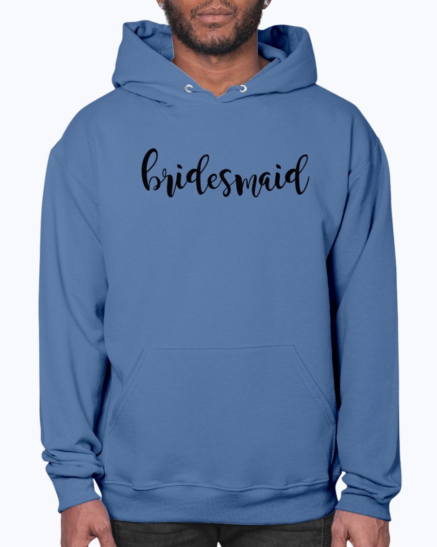 Bridesmaid hoodie featuring a unisex design, soft fleece material, and front pouch pocket, perfect for bridal parties.