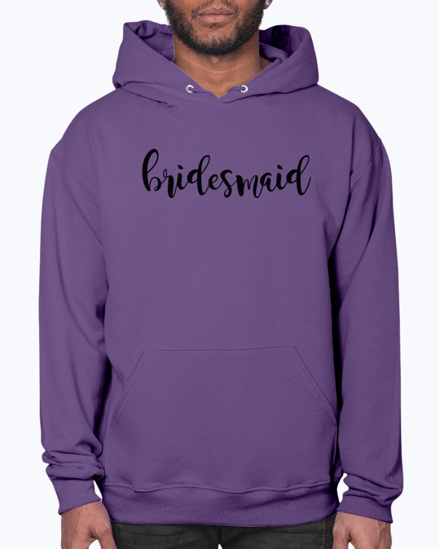 Bridesmaid hoodie featuring a unisex design, soft fleece material, and front pouch pocket, perfect for bridal parties.