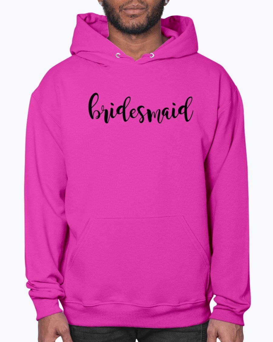 Bridesmaid hoodie featuring a unisex design, soft fleece material, and front pouch pocket, perfect for bridal parties.