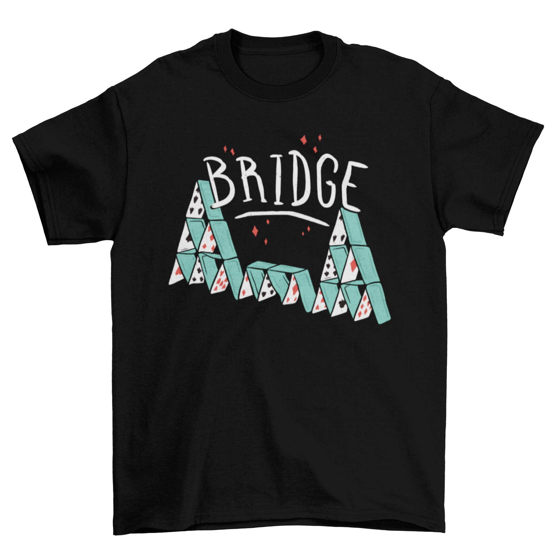 A stylish T-shirt featuring a creative design of a playing card structure with the word 'BRIDGE' prominently displayed.