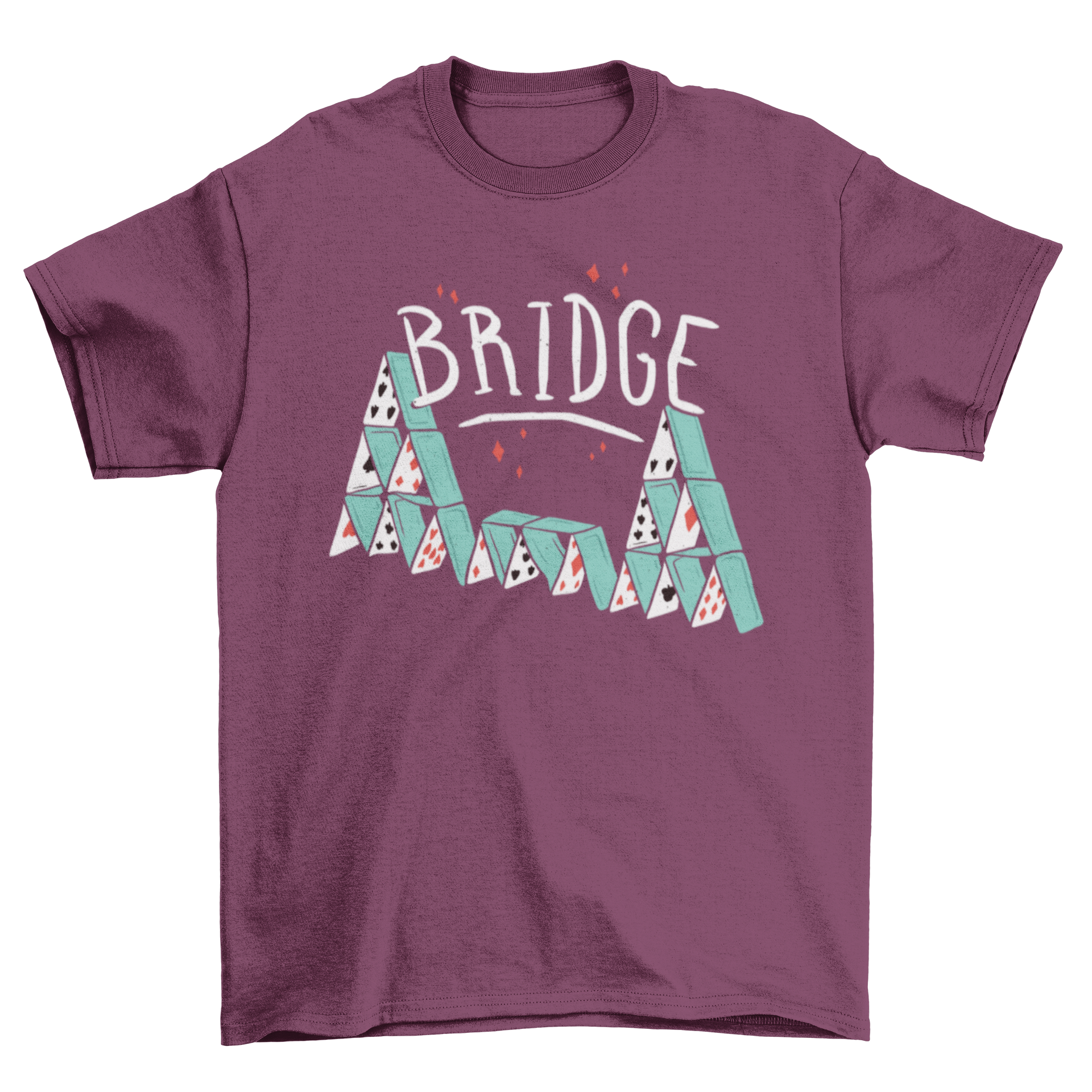 A stylish T-shirt featuring a creative design of a playing card structure with the word 'BRIDGE' prominently displayed.