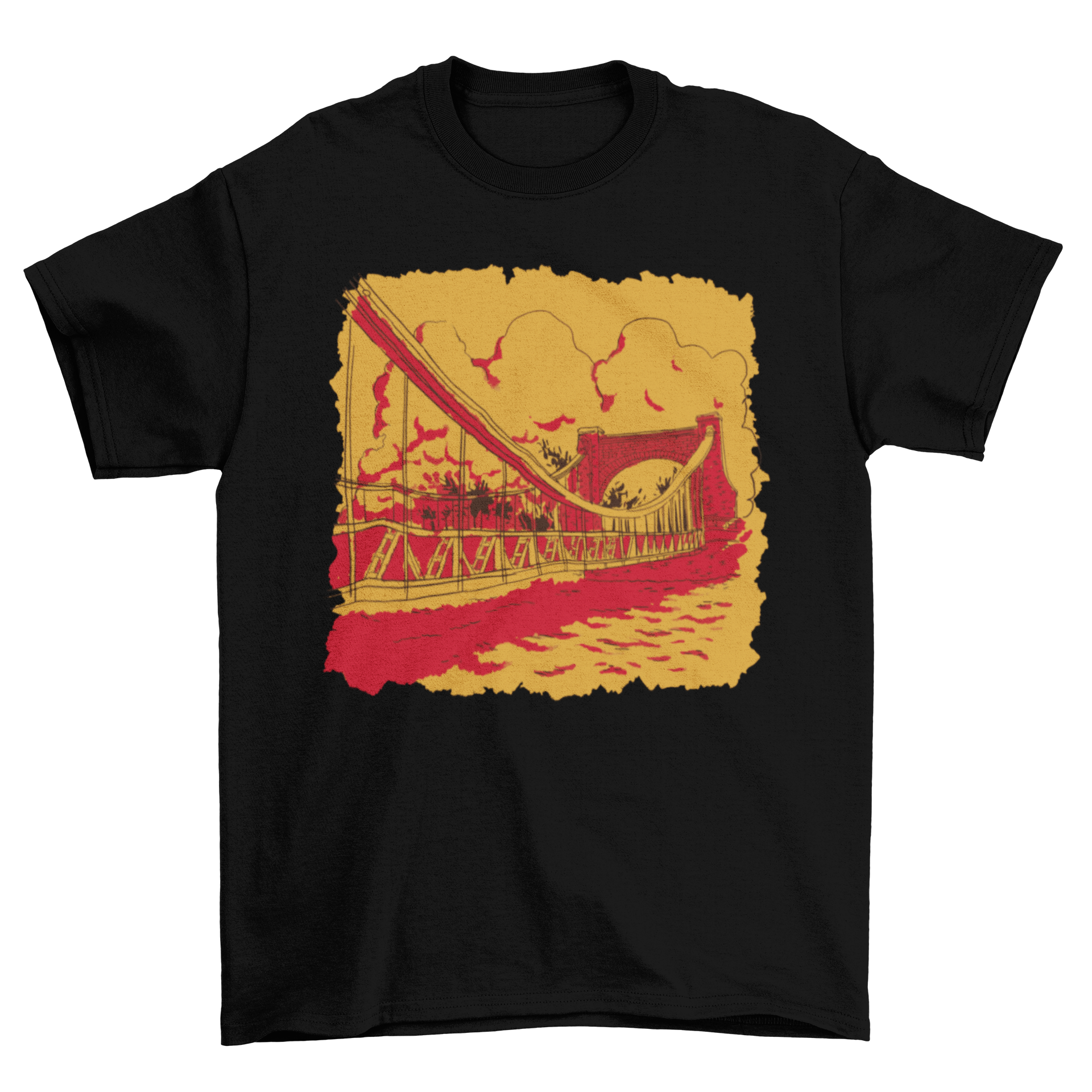 A stylish t-shirt featuring a warm-toned sketch illustration of a bridge, showcasing artistic design.