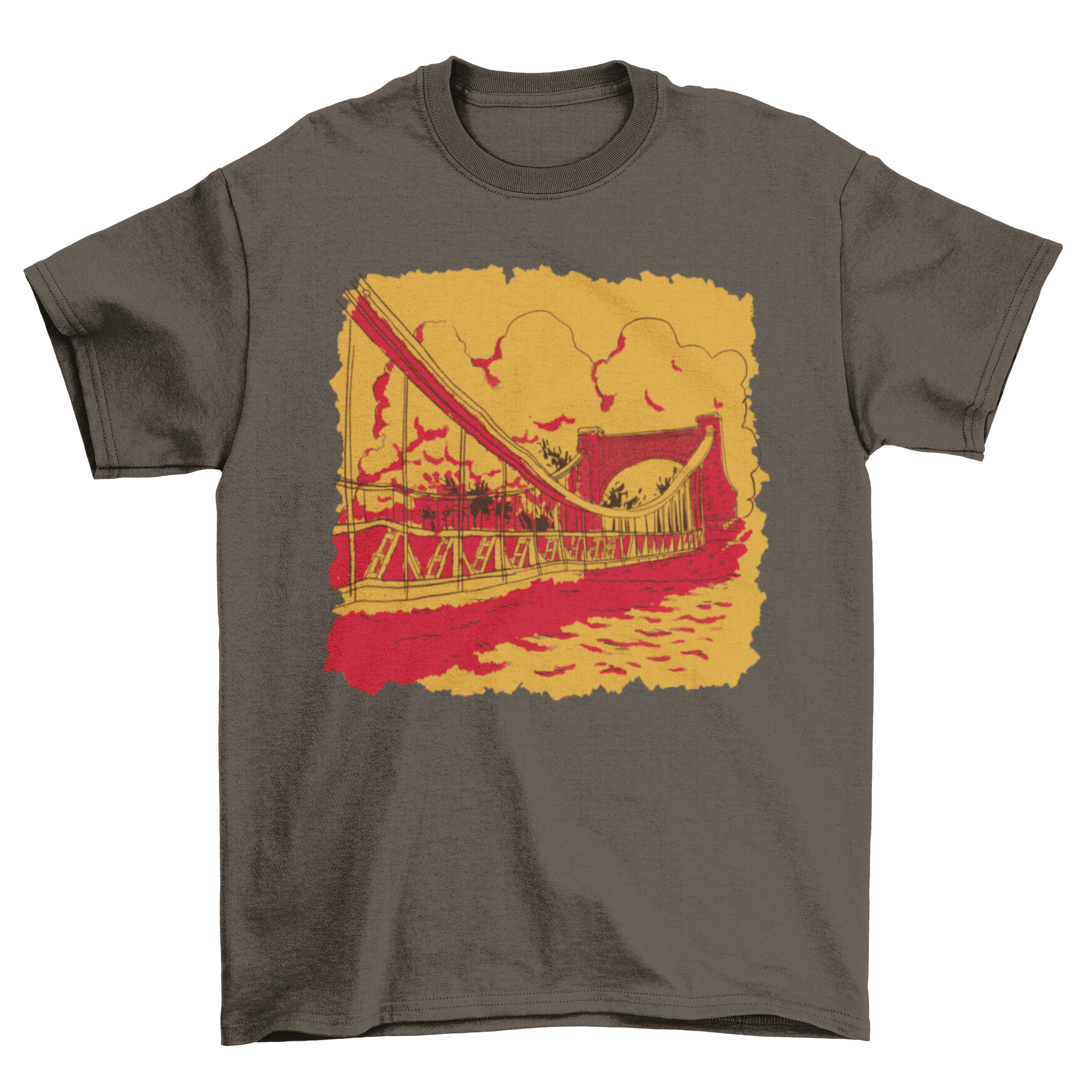 A stylish t-shirt featuring a warm-toned sketch illustration of a bridge, showcasing artistic design.