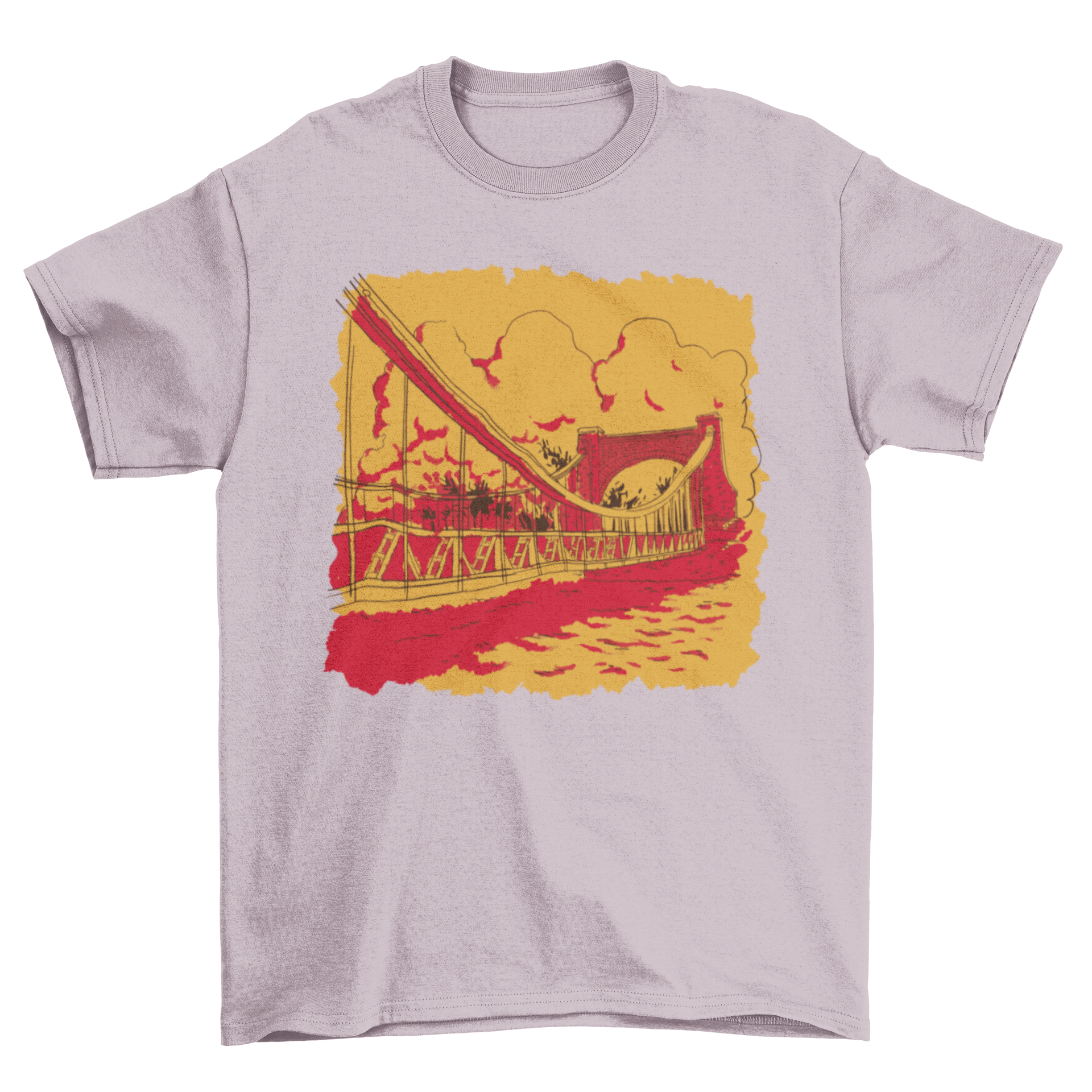 A stylish t-shirt featuring a warm-toned sketch illustration of a bridge, showcasing artistic design.