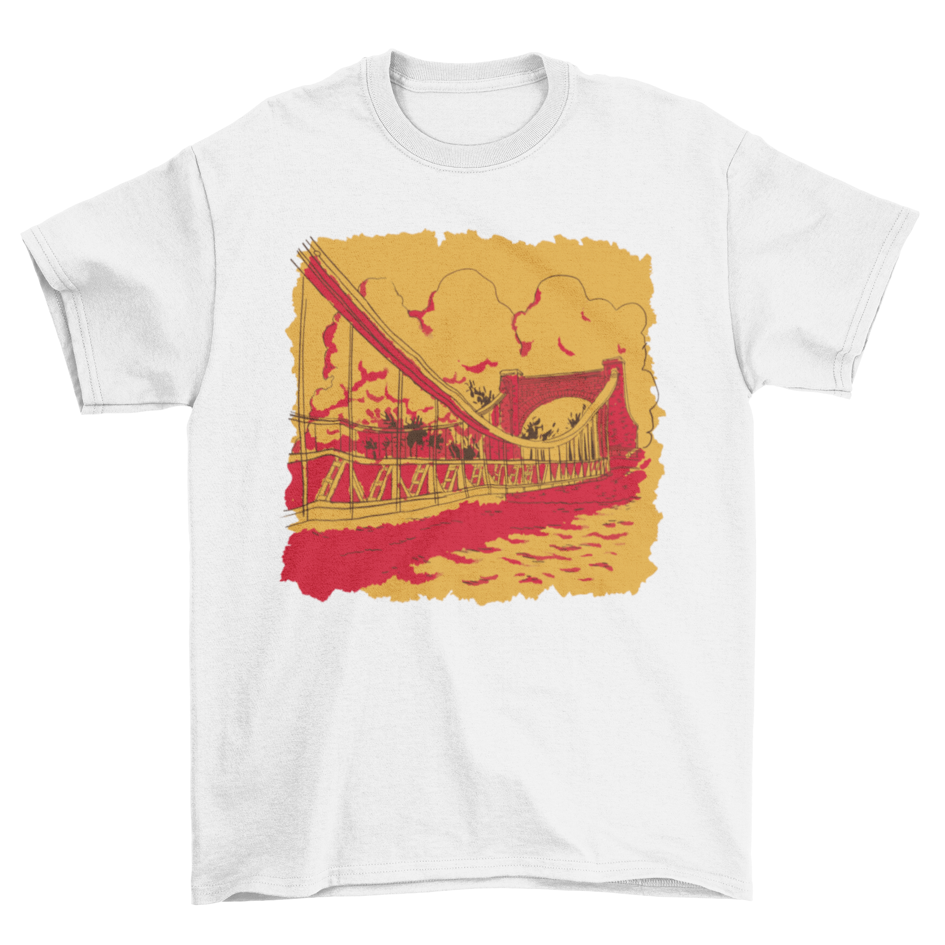 A stylish t-shirt featuring a warm-toned sketch illustration of a bridge, showcasing artistic design.