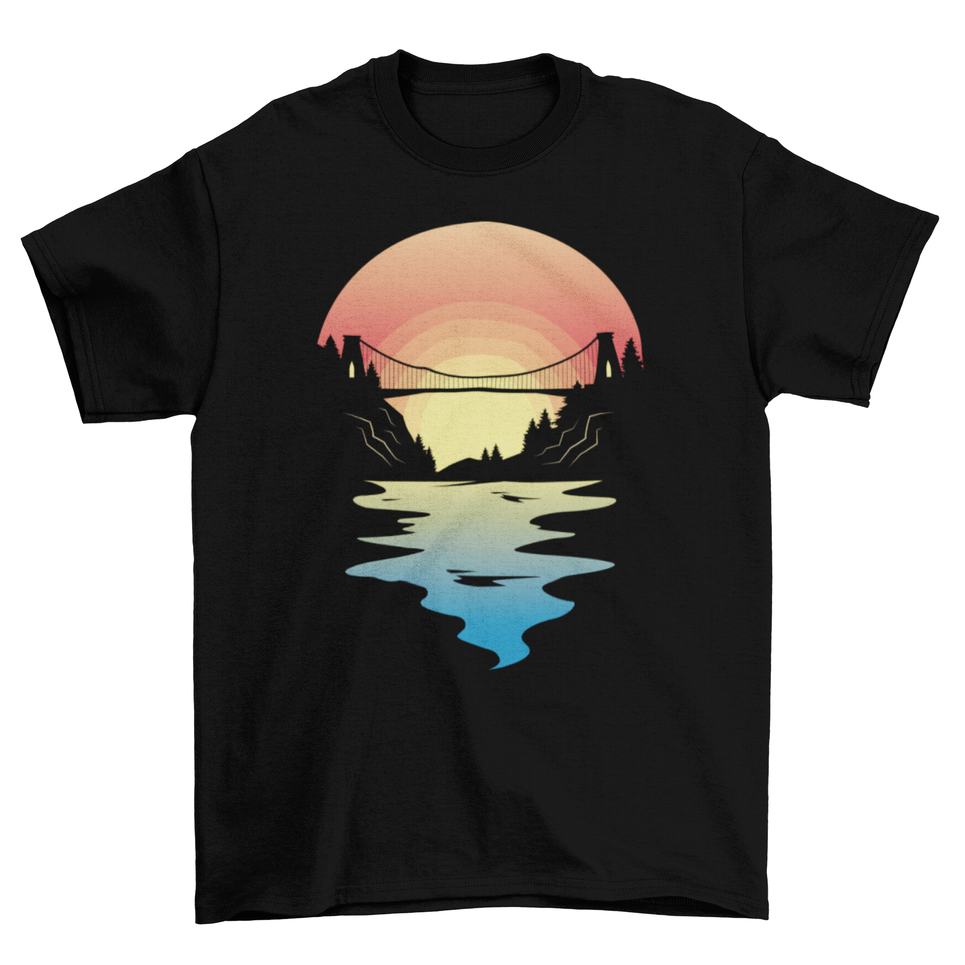 Bristol Bridge t-shirt featuring a sunset illustration, showcasing vibrant colors and intricate details.