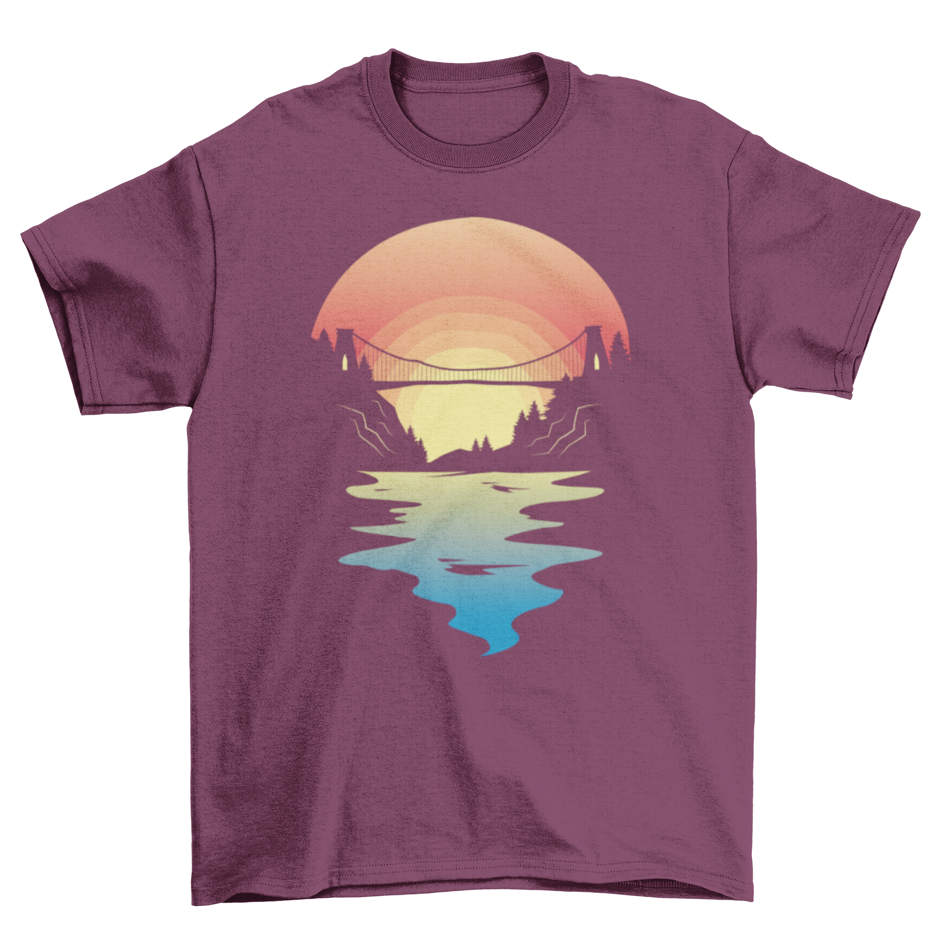 Bristol Bridge t-shirt featuring a sunset illustration, showcasing vibrant colors and intricate details.