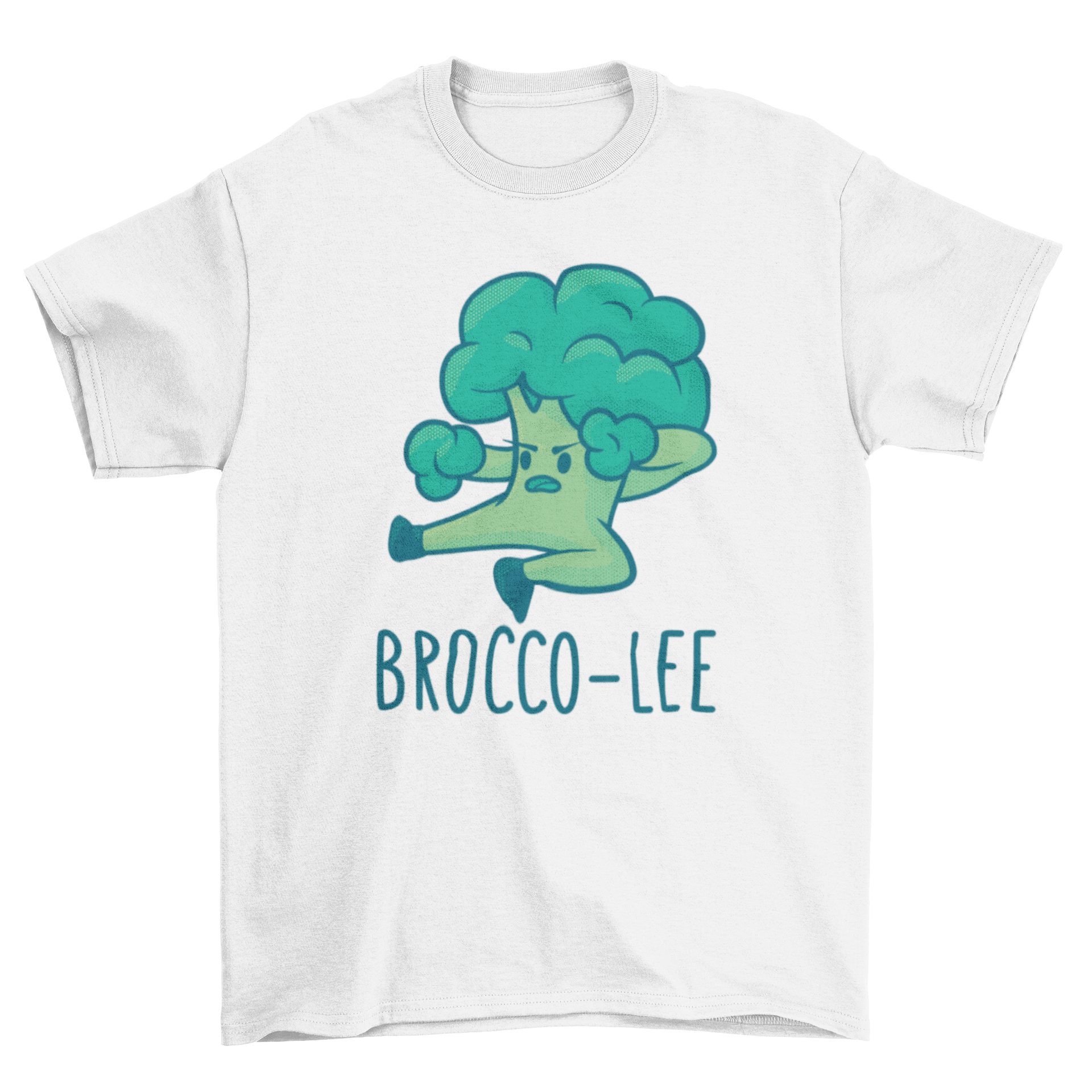 A humorous Brocco Lee t-shirt featuring a cartoon broccoli fighter with the caption 'Brocco-Lee', showcasing vibrant colors and playful design.