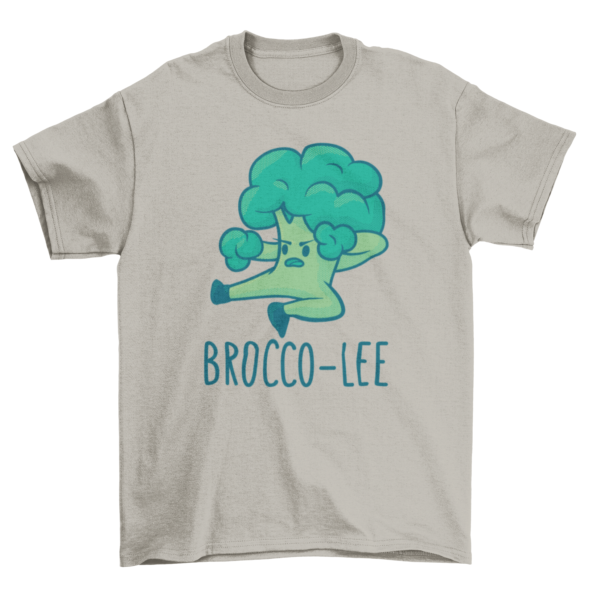 A humorous Brocco Lee t-shirt featuring a cartoon broccoli fighter with the caption 'Brocco-Lee', showcasing vibrant colors and playful design.