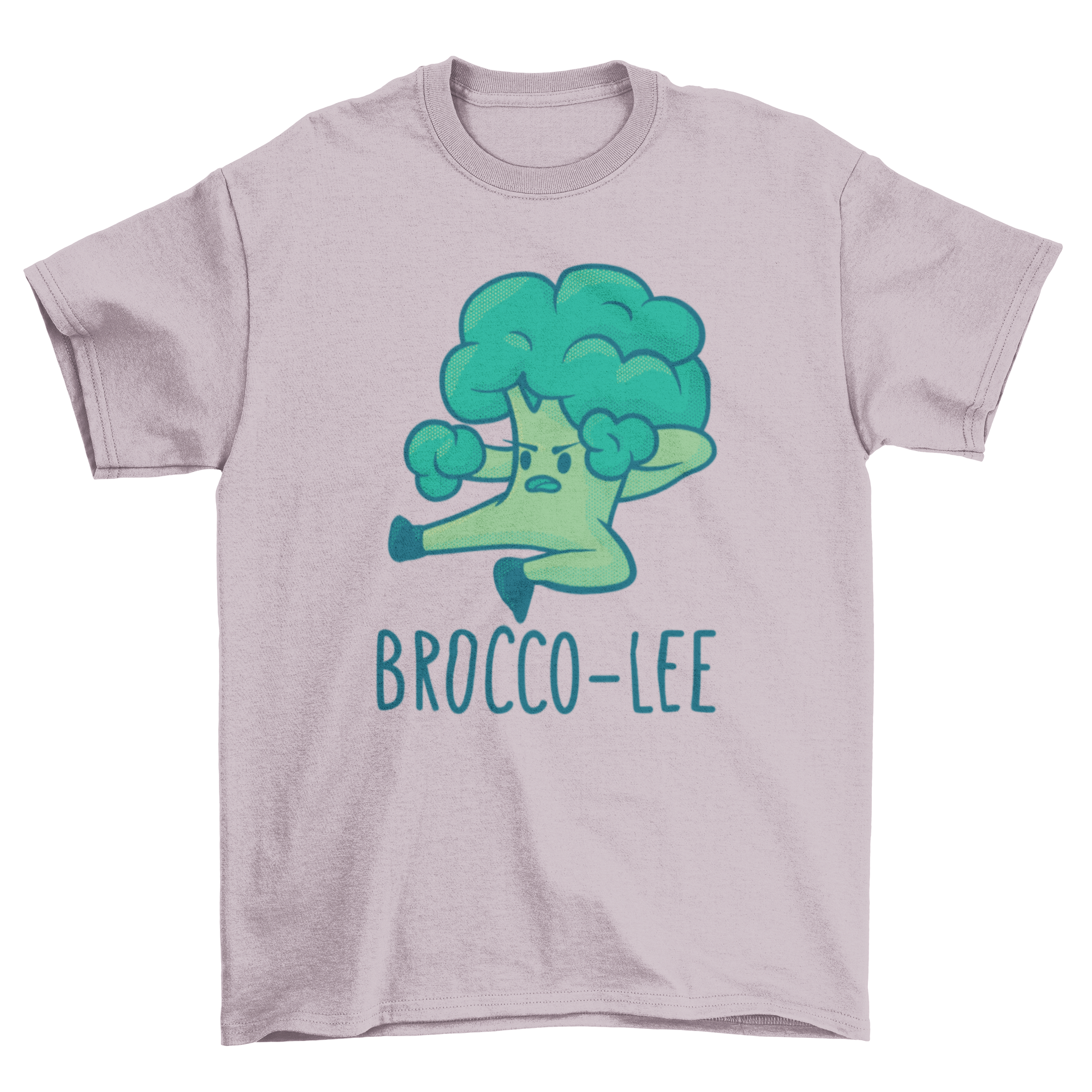 A humorous Brocco Lee t-shirt featuring a cartoon broccoli fighter with the caption 'Brocco-Lee', showcasing vibrant colors and playful design.