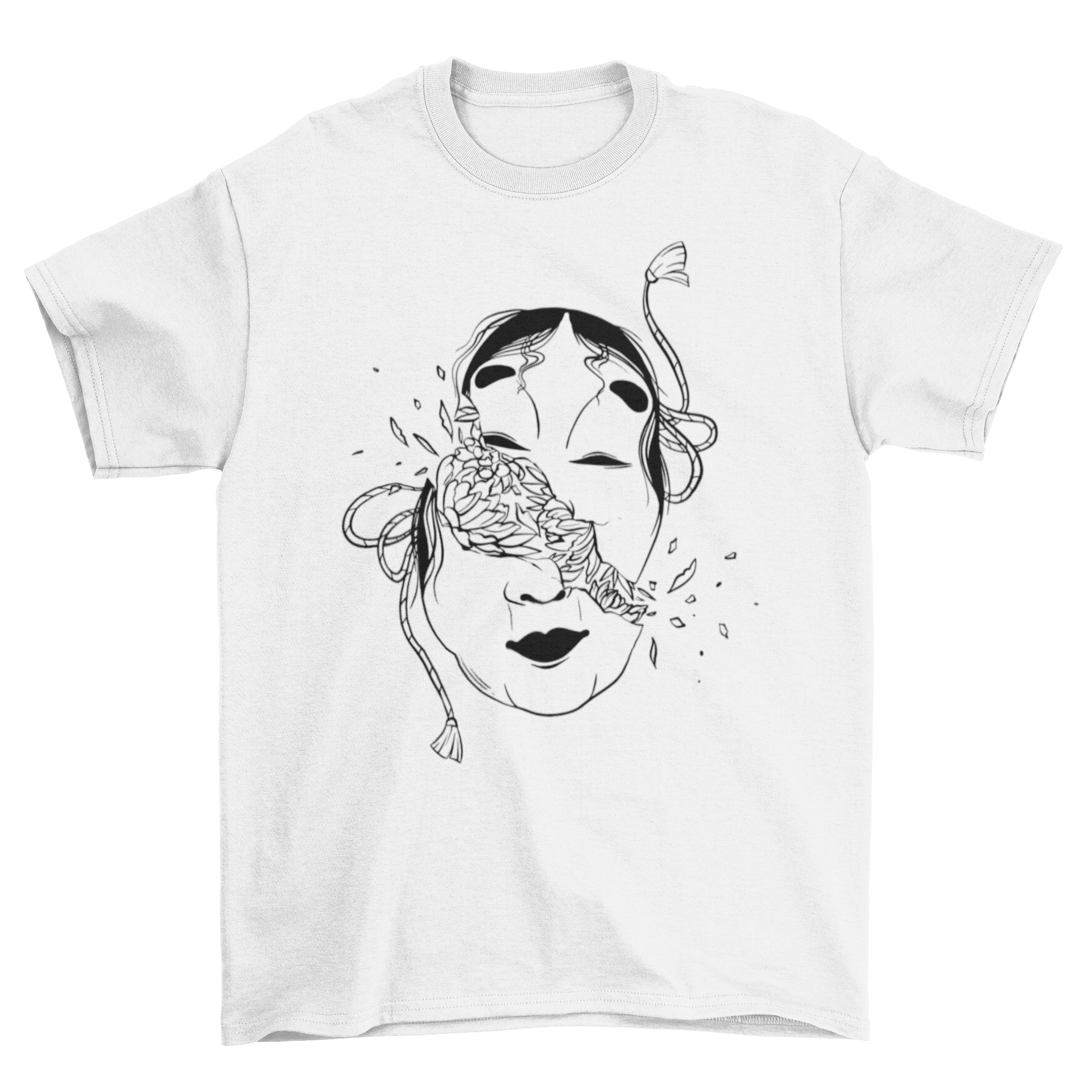 A stylish t-shirt featuring a broken Japanese mask design with floral accents, showcasing a blend of culture and modern fashion.