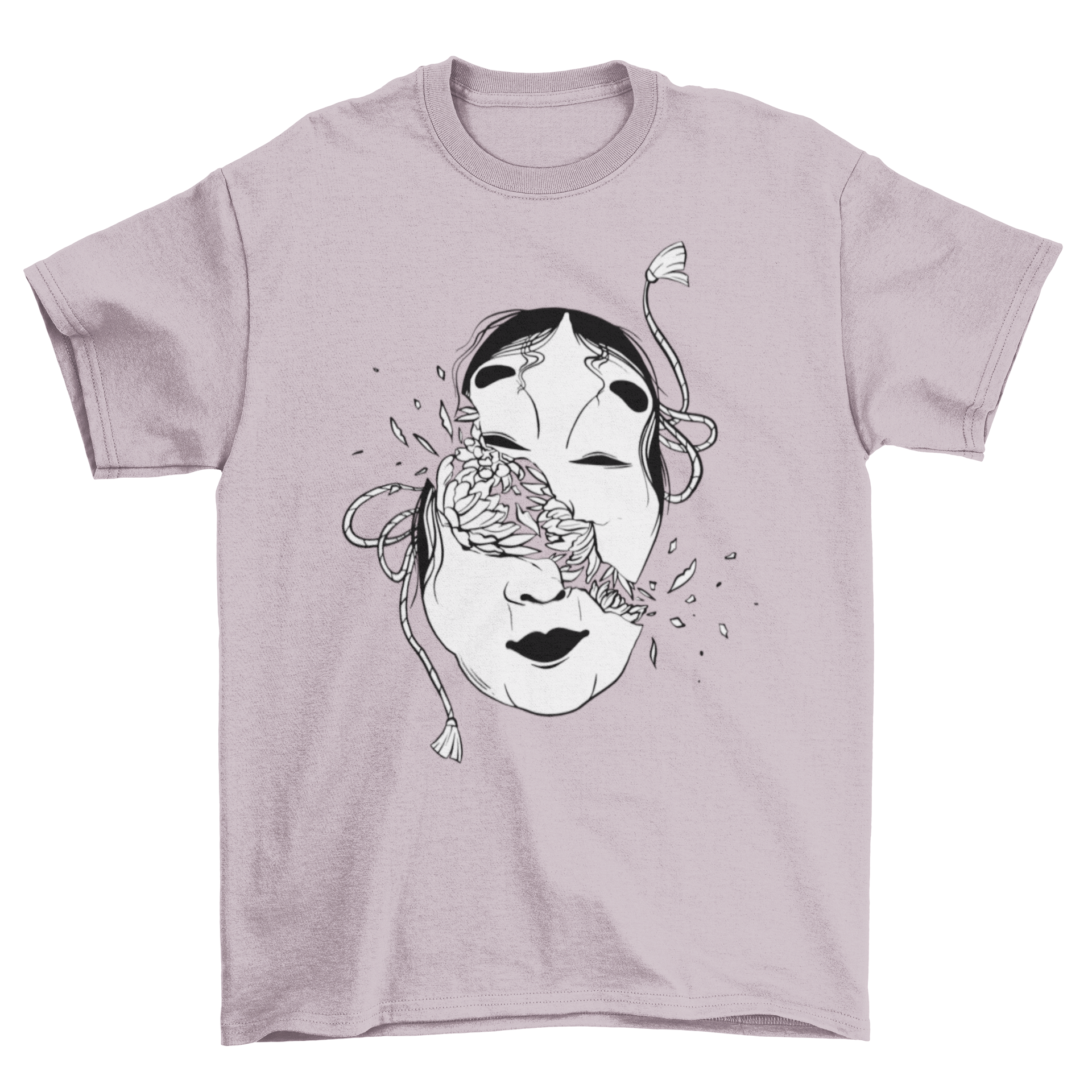 A stylish t-shirt featuring a broken Japanese mask design with floral accents, showcasing a blend of culture and modern fashion.