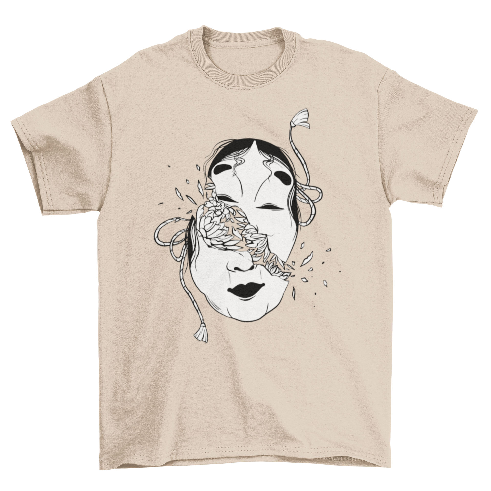 A stylish t-shirt featuring a broken Japanese mask design with floral accents, showcasing a blend of culture and modern fashion.