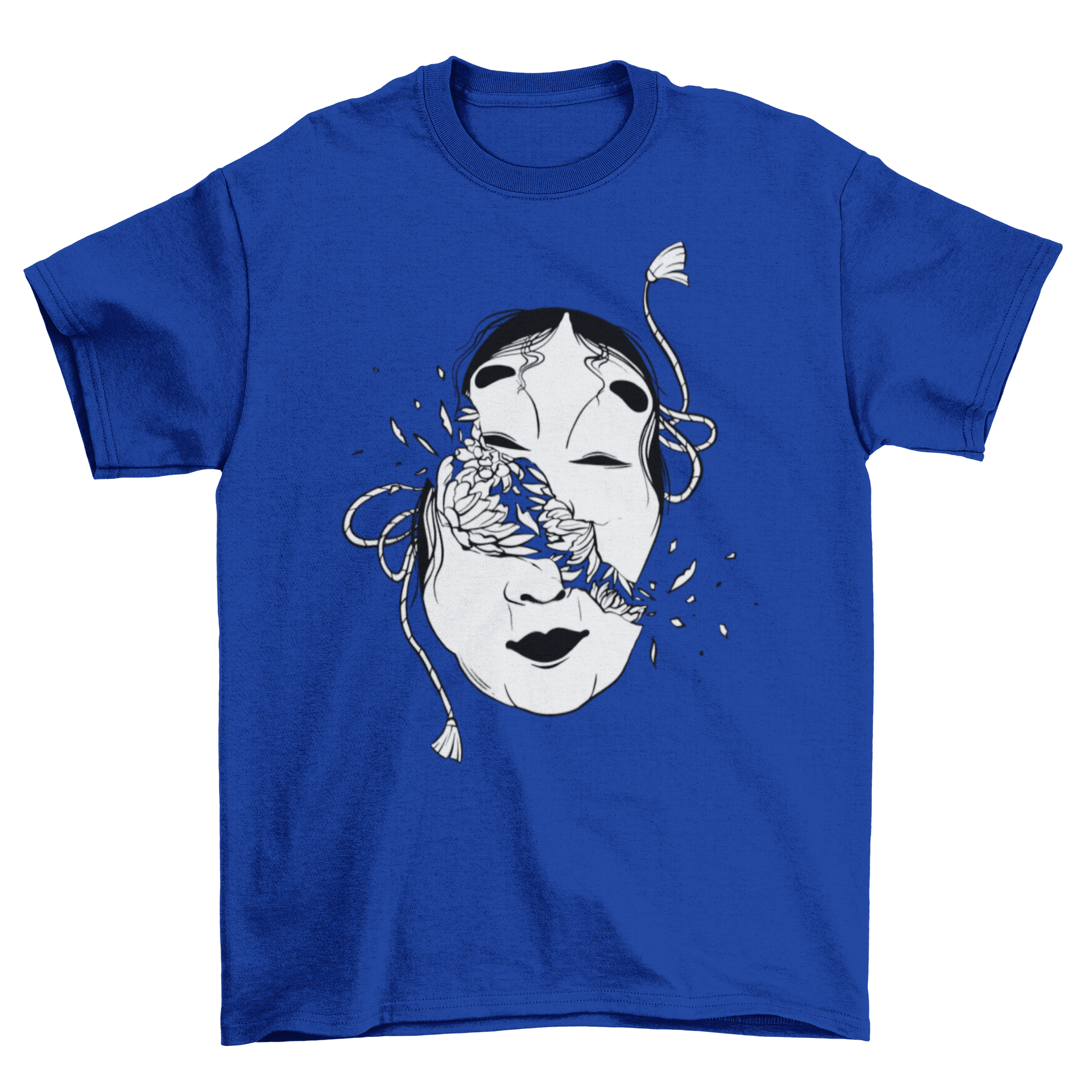 A stylish t-shirt featuring a broken Japanese mask design with floral accents, showcasing a blend of culture and modern fashion.