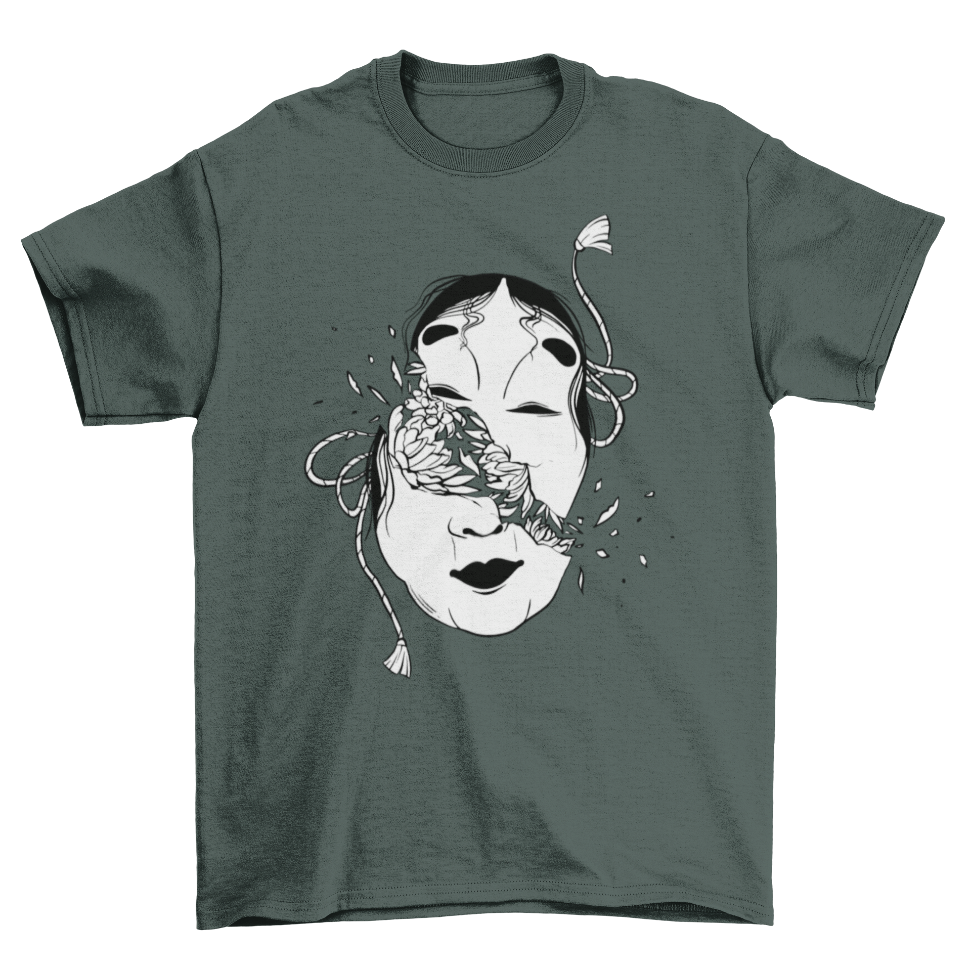 A stylish t-shirt featuring a broken Japanese mask design with floral accents, showcasing a blend of culture and modern fashion.