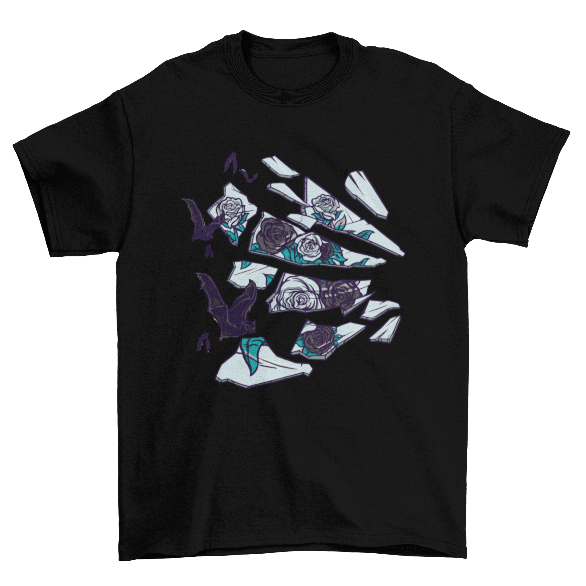 A stylish t-shirt featuring a broken mirror design with roses and bats, showcasing a unique artistic illustration.