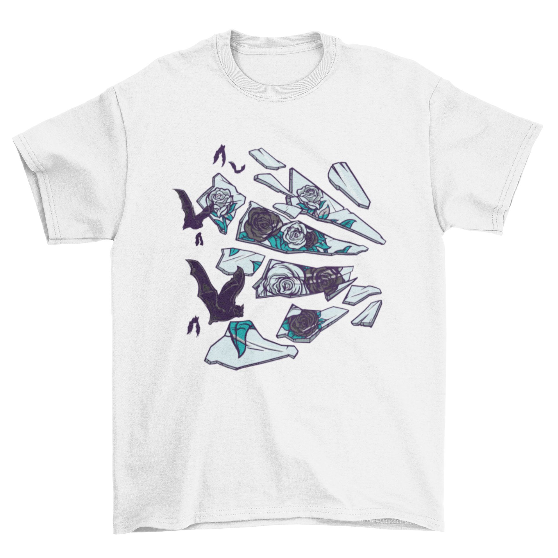 A stylish t-shirt featuring a broken mirror design with roses and bats, showcasing a unique artistic illustration.