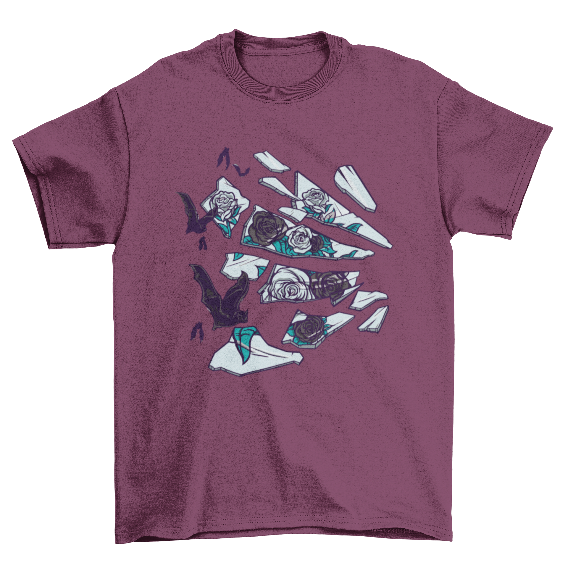 A stylish t-shirt featuring a broken mirror design with roses and bats, showcasing a unique artistic illustration.