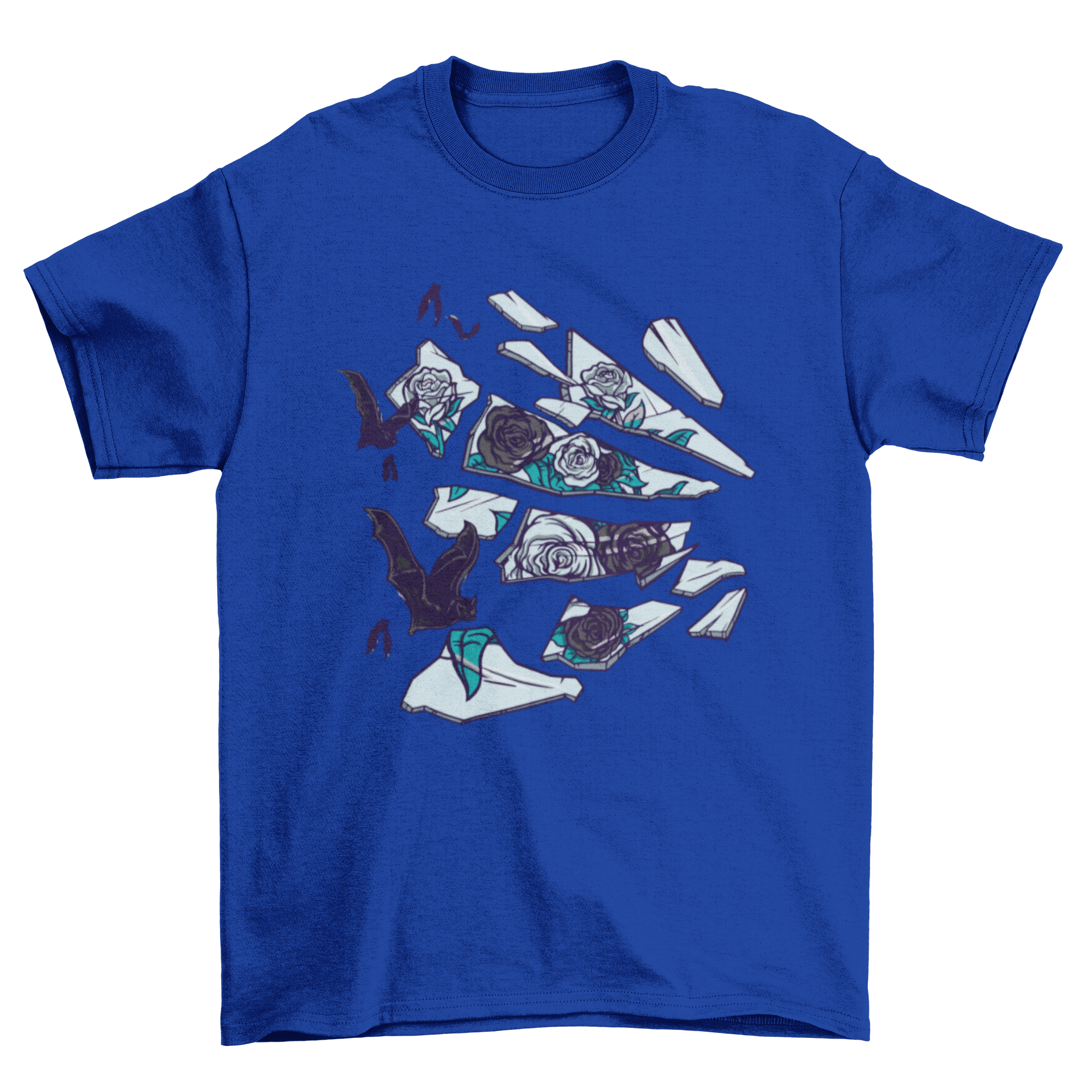 A stylish t-shirt featuring a broken mirror design with roses and bats, showcasing a unique artistic illustration.