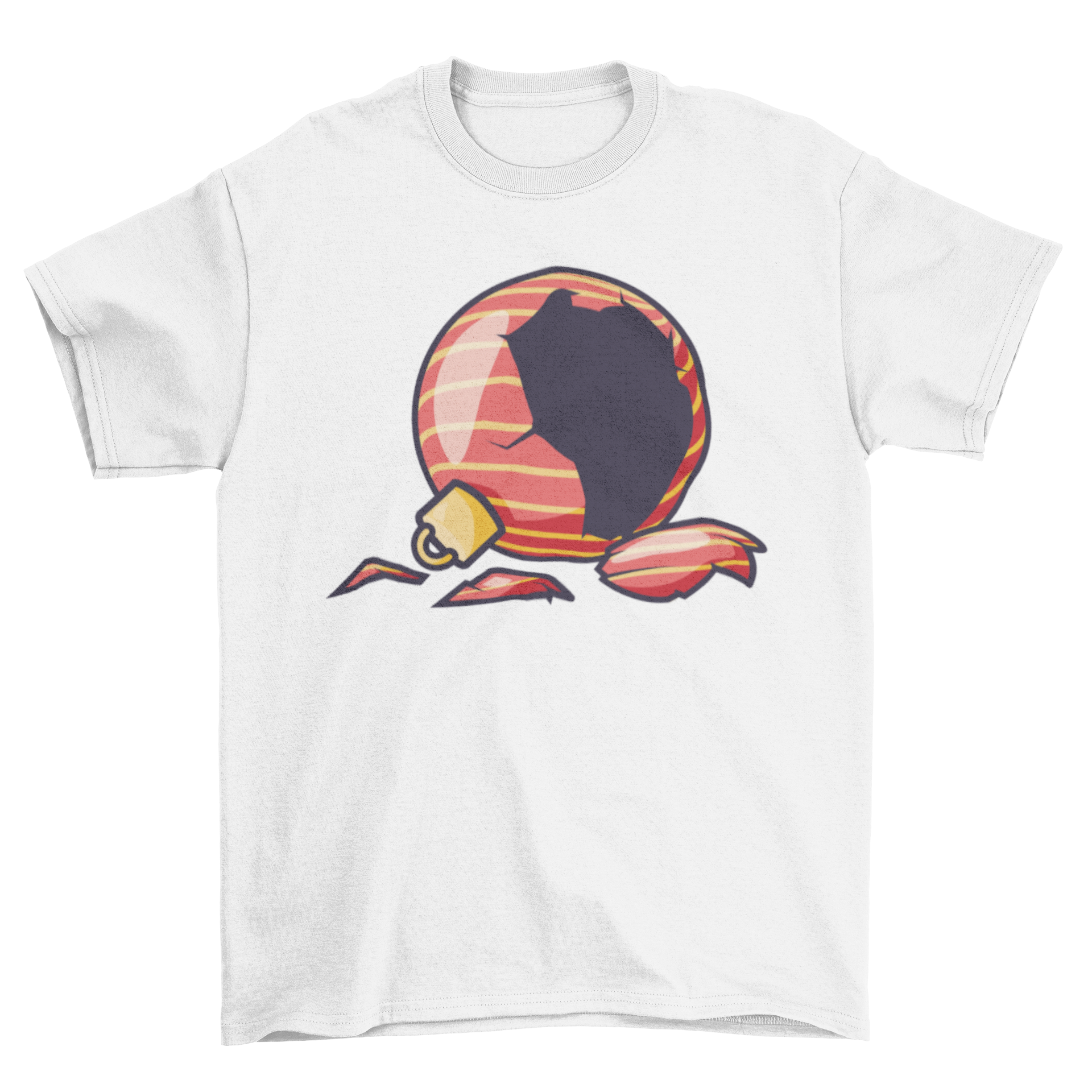 A stylish t-shirt featuring a colorful illustration of a broken Christmas ornament, perfect for holiday wear.