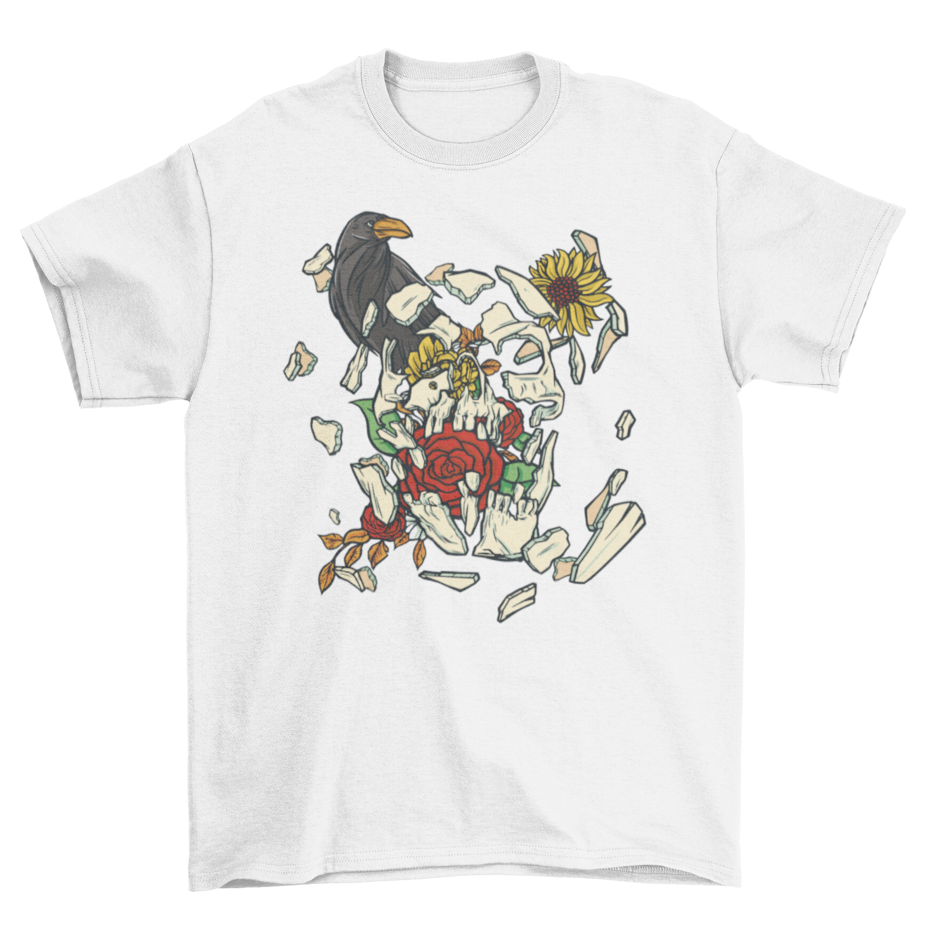 A stylish Broken Skull T-Shirt featuring a broken skull with colorful flowers and a crow, showcasing a unique and artistic design.