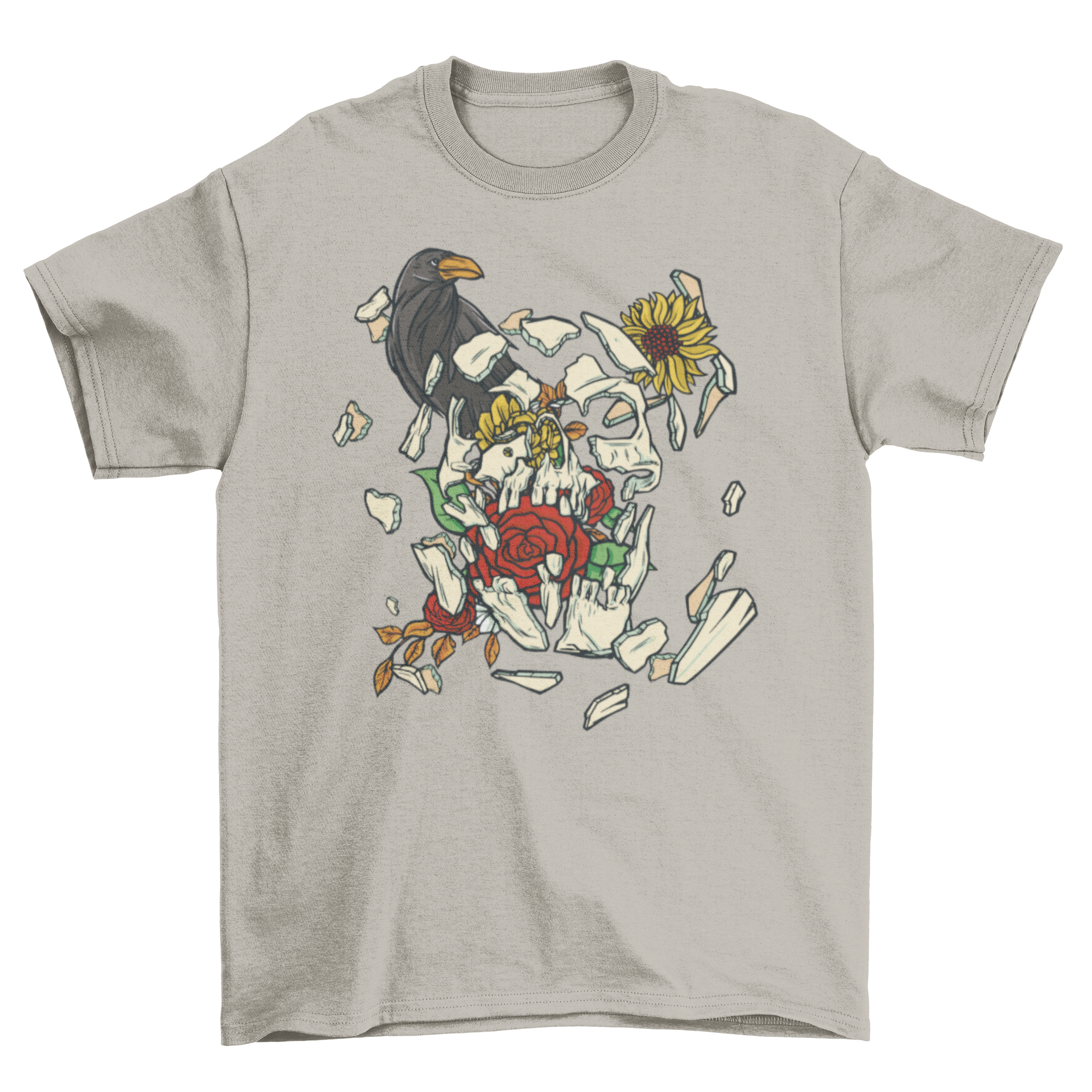 A stylish Broken Skull T-Shirt featuring a broken skull with colorful flowers and a crow, showcasing a unique and artistic design.