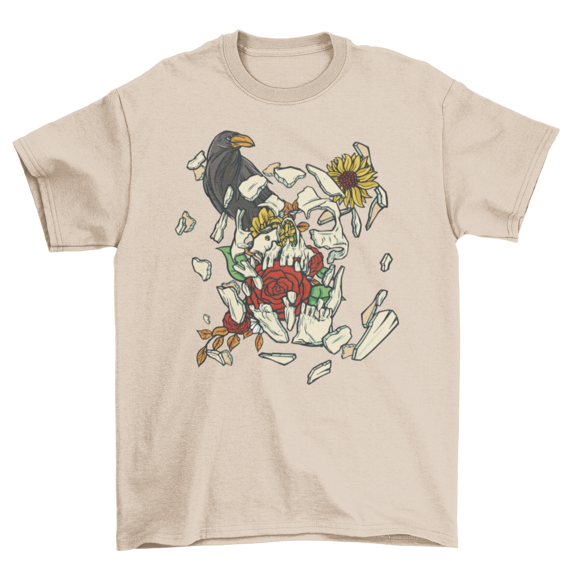 A stylish Broken Skull T-Shirt featuring a broken skull with colorful flowers and a crow, showcasing a unique and artistic design.