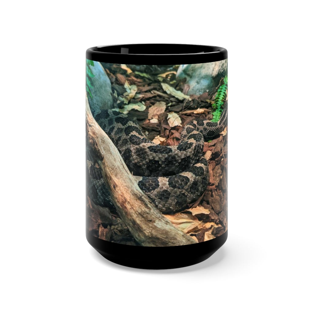 A stylish 15oz black ceramic mug featuring a unique brown and black snake design, perfect for coffee and tea lovers.