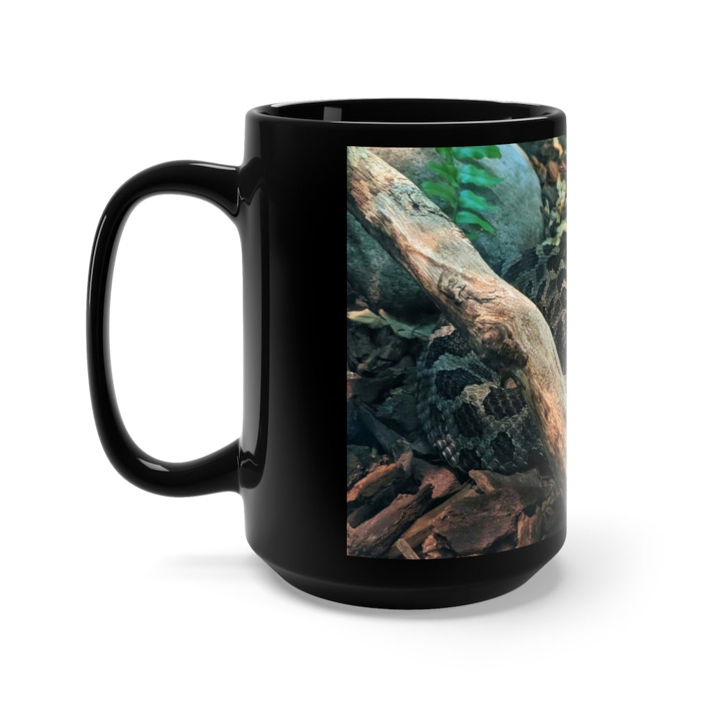 A stylish 15oz black ceramic mug featuring a unique brown and black snake design, perfect for coffee and tea lovers.