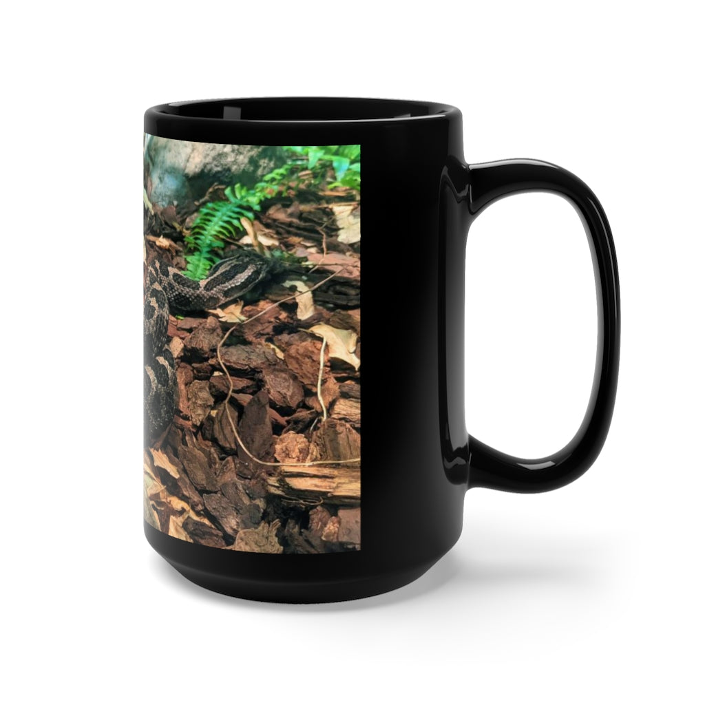 A stylish 15oz black ceramic mug featuring a unique brown and black snake design, perfect for coffee and tea lovers.