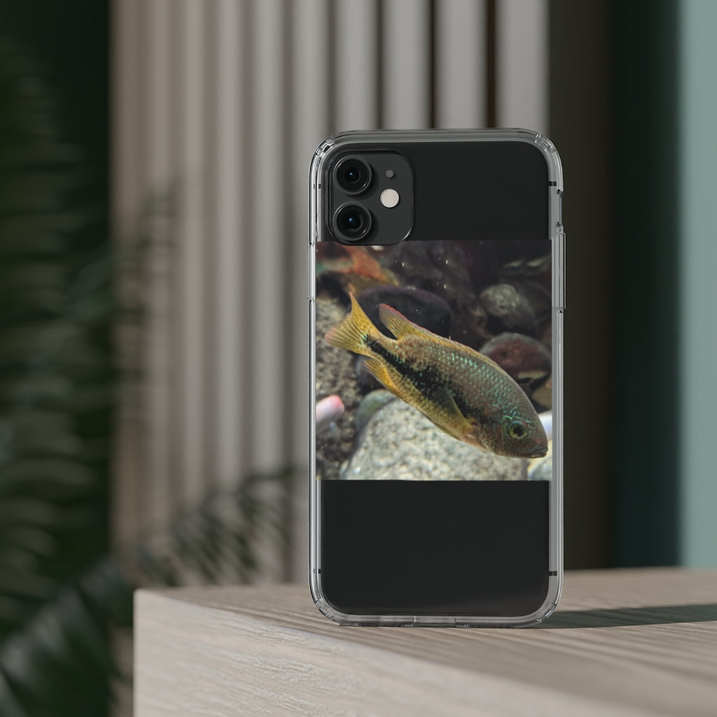 Brown and orange fish design clear phone case showcasing its flexible and durable structure.