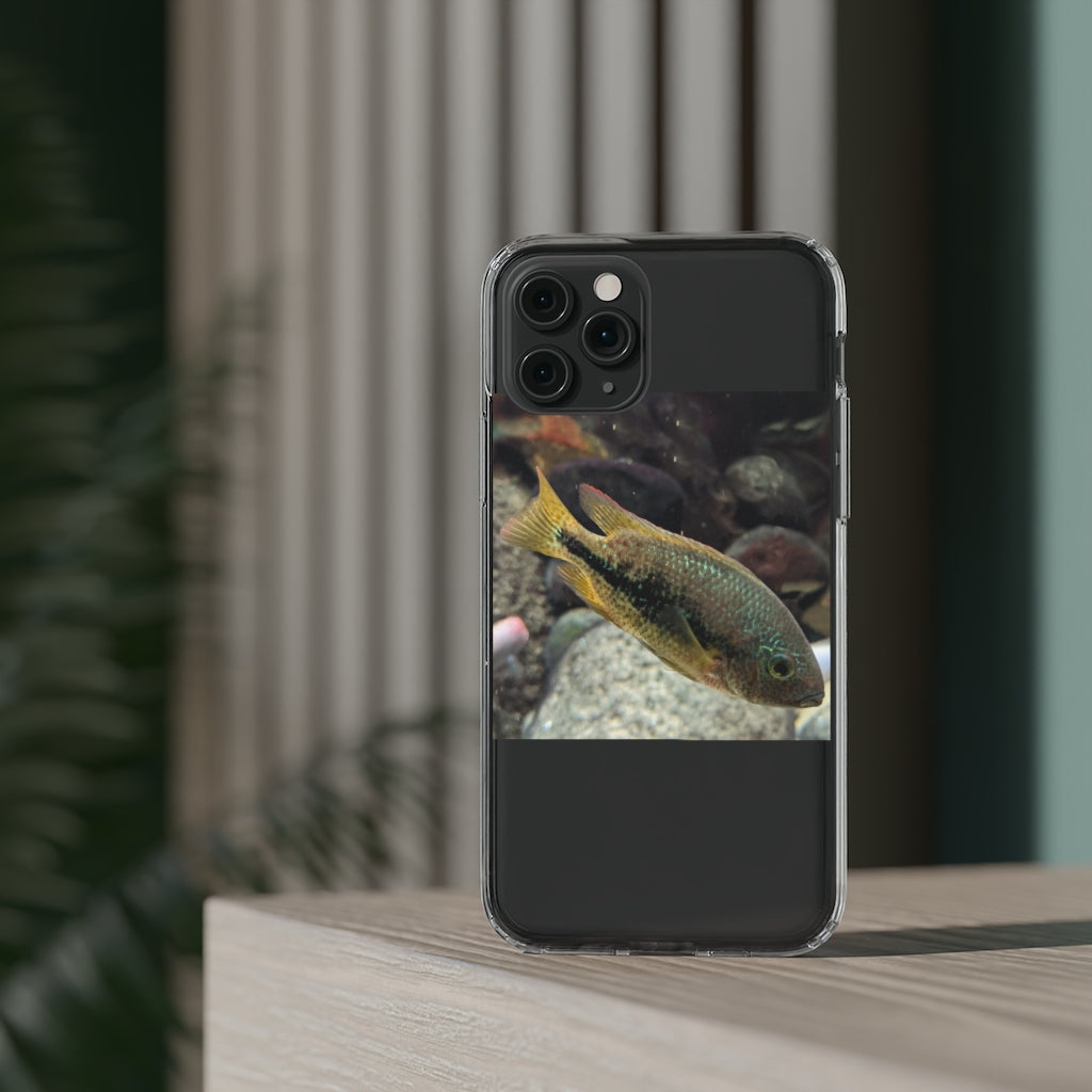 Brown and orange fish design clear phone case showcasing its flexible and durable structure.