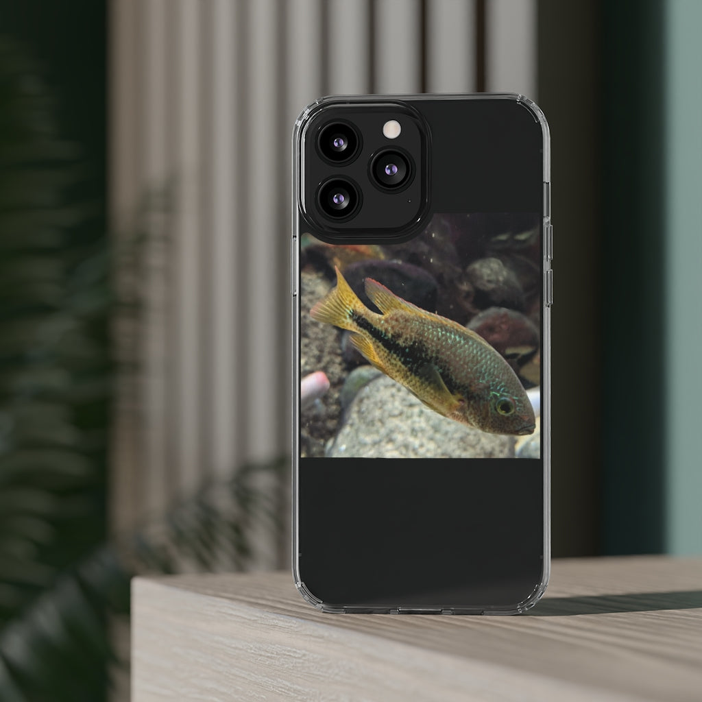 Brown and orange fish design clear phone case showcasing its flexible and durable structure.