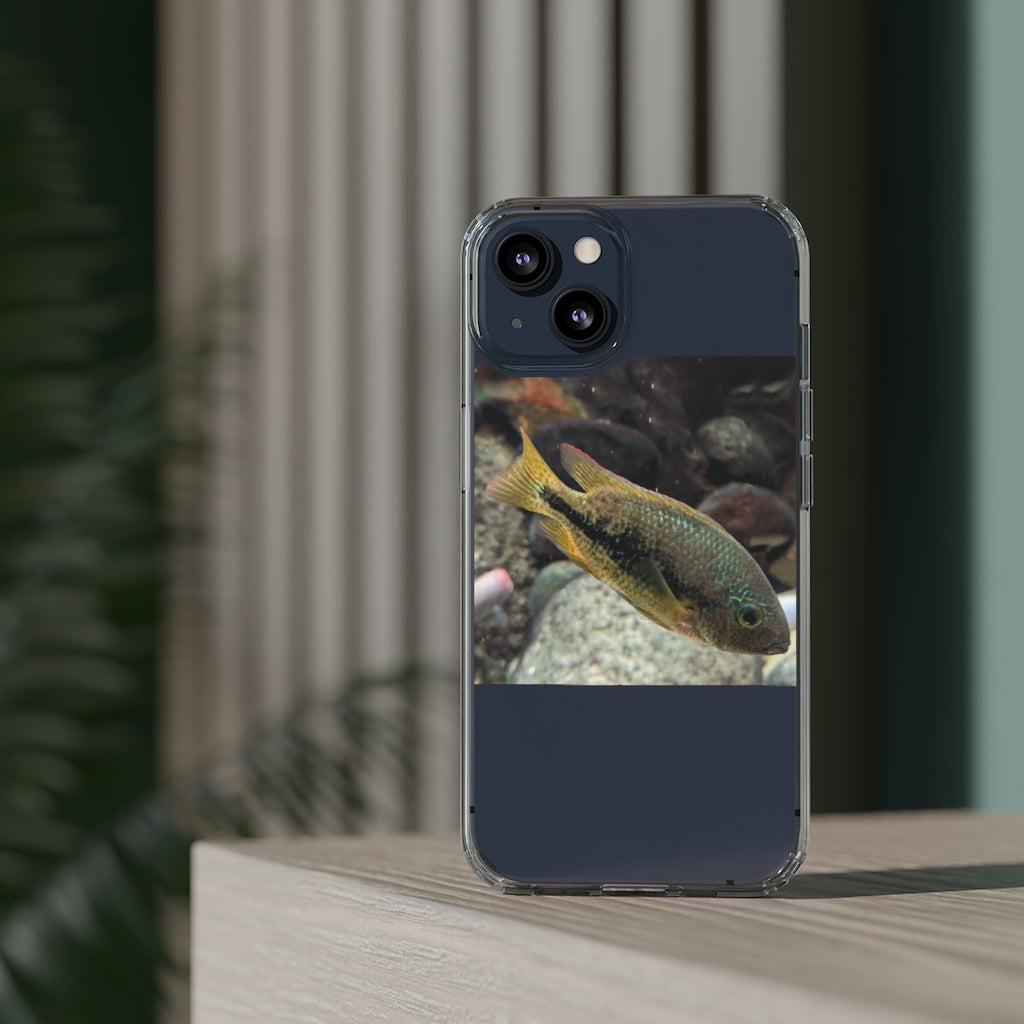 Brown and orange fish design clear phone case showcasing its flexible and durable structure.