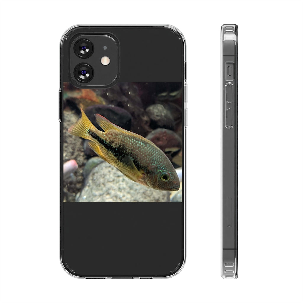 Brown and orange fish design clear phone case showcasing its flexible and durable structure.