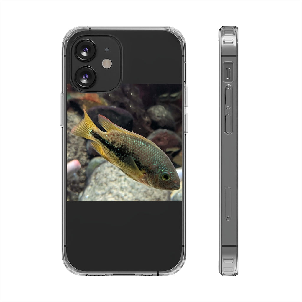 Brown and orange fish design clear phone case showcasing its flexible and durable structure.