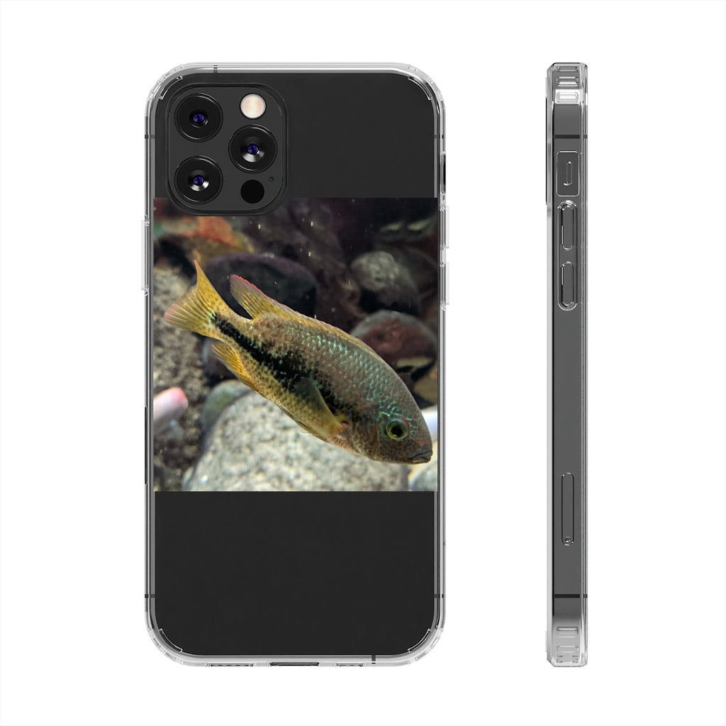 Brown and orange fish design clear phone case showcasing its flexible and durable structure.