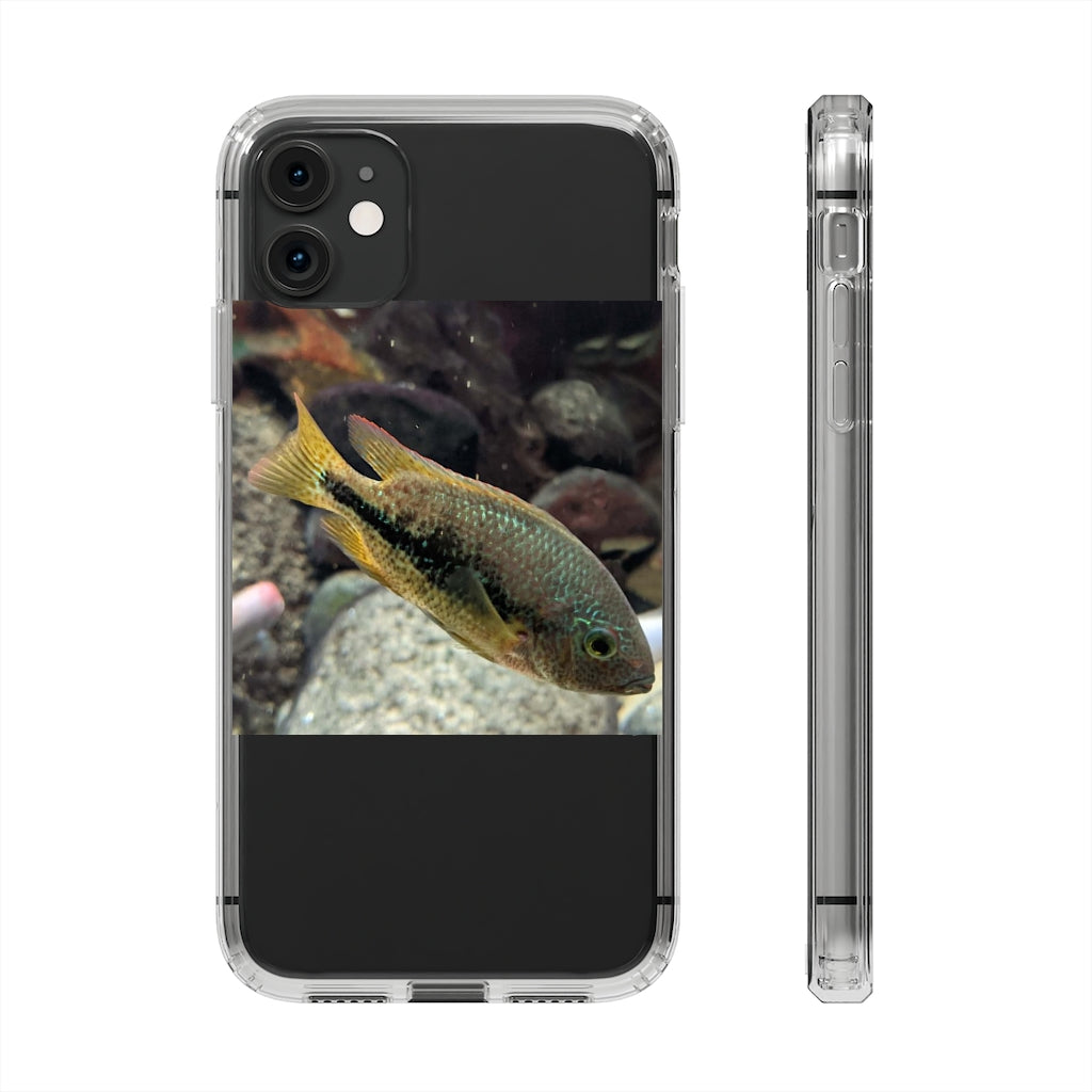 Brown and orange fish design clear phone case showcasing its flexible and durable structure.