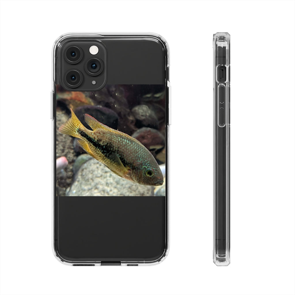 Brown and orange fish design clear phone case showcasing its flexible and durable structure.