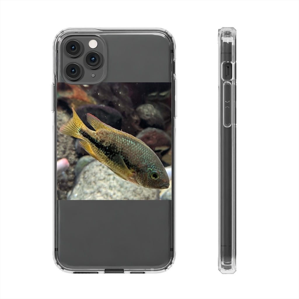 Brown and orange fish design clear phone case showcasing its flexible and durable structure.