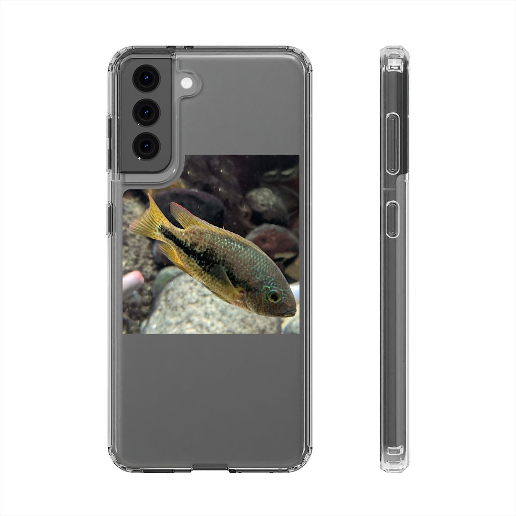 Brown and orange fish design clear phone case showcasing its flexible and durable structure.