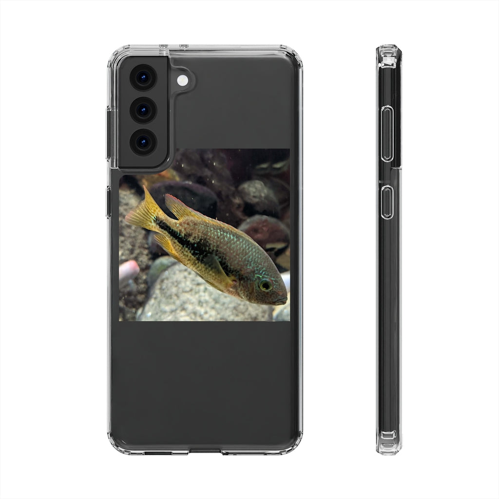 Brown and orange fish design clear phone case showcasing its flexible and durable structure.