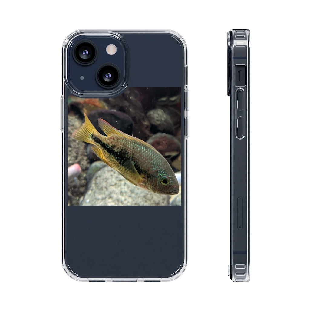 Brown and orange fish design clear phone case showcasing its flexible and durable structure.