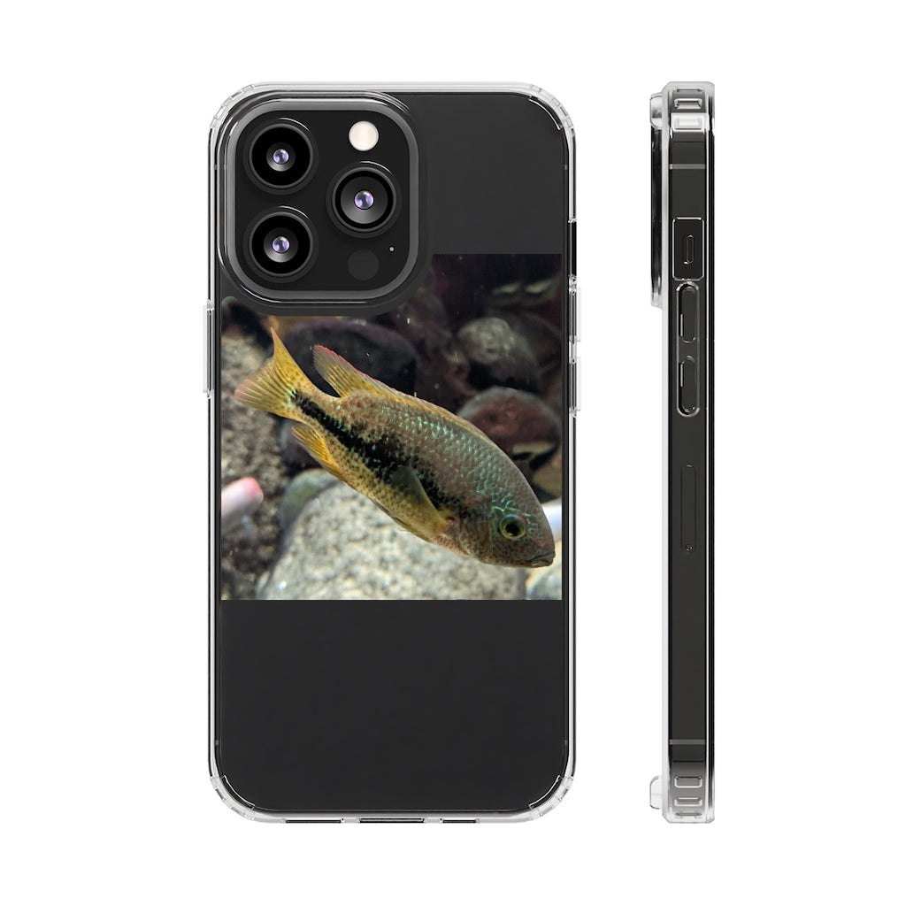 Brown and orange fish design clear phone case showcasing its flexible and durable structure.